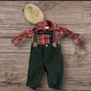 Carters Baby Boy Newborn 5pcs Plaid Red Green Corduroy Suspenders Christmas EUC